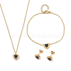 Heart 304 Stainless Steel Micro Pave Cubic Zirconia Pendant Necklaces & Bracelets & Stud Earrings Sets for Women, Golden, Blue, 7.48 inch(190mm)(SJEW-C004-13G-03)