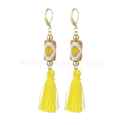 Glass Seed Braided Column with Tassel Dangle Leverback Earrings, 304 Stainless Steel Jewelry for Women, Yellow, 81.5mm, Pin: 0.8x0.6mm(EJEW-MZ00056)