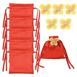Satin Cloth Drawstring Pouches with Flower, Rectangle, Red, 15x15cm(ST-CJ0048-001A)