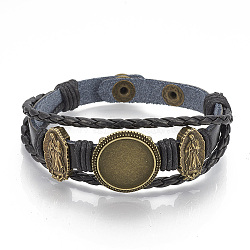 Imitation Leather Bracelet Making, with Alloy Cabochon Setting and Waxed Cords, Virgin Mary, Antique Bronze, Black, Tray: 18mm, 8-3/8 inch(213mm)(MAK-R024-02)