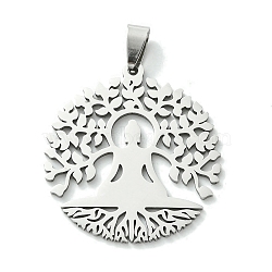 Non-Tarnish 201 Stainless Steel Pendants, Tree of Life with Yoga Charm, Stainless Steel Color, 37.5x34.5x1.5mm, Hole: 8x4mm(STAS-U003-21C-P)