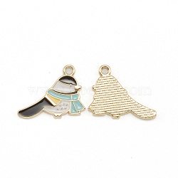 Alloy Enamel Pendants, Light Gold, Bird with Scarf, Black, 20x25.5x1.5mm, Hole: 2mm(ENAM-E569-02)