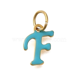 Ion Plating(IP) 304 Stainless Steel Enamel Alphabet Charms, with Jump Ring, Real 14K Gold Plated, Letter F, 12x9x1mm, Hole: 5mm(STAS-F308-02G-F)