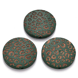 Painted Natural Wood Beads, Laser Engraved Pattern, Flat Round with Leopard Print, Sea Green, 30x5mm, Hole: 1.6mm(X-WOOD-N006-07P)