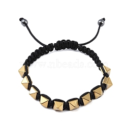 Pyramid Synthetic Non-Magnetic Hematite Braided Bead Bracelets, Adjustable Cord Bracelets for Men, Golden Plated, Inner Diameter: 2-3/4~3-7/8 inch(7.1~9.8cm)(BJEW-E102-03)