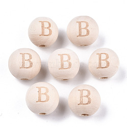 Unfinished Natural Wood European Beads, Large Hole Beads, Laser Engraved Pattern, Round with Word, Letter.B, 15~16x14~15mm, Hole: 4mm(WOOD-S045-143A-01B)