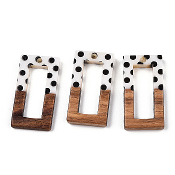 Printed Opaque Resin & Walnut Wood Pendants, Hollow Rectangle Charm with Polka Dot Pattern, White, 28x14.5x3~4mm, Hole: 1.8~2mm