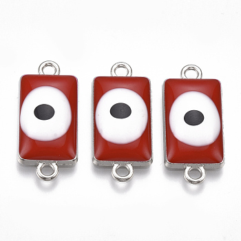 Alloy Links connectors, with Enamel, Rectangle with Evil Eye, Platinum, Red, 24.5x11x4.5mm, Hole: 2mm