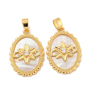Brass Clear Micro Pave Cubic Zirconia Pendants, with Shell, Oval, Real 18K Gold Plated, 22.5x15.5x3.5mm, Hole: 3x5mm