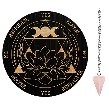 AHADEMAKER 1Pc Cone/Spike/Pendulum Natural Rose Quartz Stone Pendants, 1Pc 304 Stainless Steel Cable Chain Necklaces, 1Pc PVC Custom Pendulum Board, Dowsing Divination Board, Flower Pattern, Board: 200x4mm