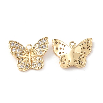 Brass Micro Pave Clear Cubic Zirconia Pendants, Butterfly Charms, Real 18K Gold Plated, 14.5x17.5x3mm, Hole: 1.5mm