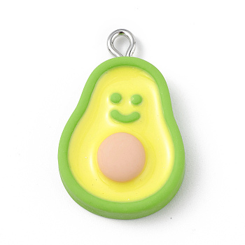 Opaque Resin Pendants, Fruit Charms, with Platinum Tone Iron Loops, Avocado, Fruit, 27x17x5.5mm, Hole: 2mm