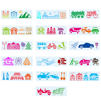 2 Sets 2 Styles PET Hollow Out Plastic Drawing Painting Stencils Templates, Rectangle with Building Pattern, Vehicle Pattern, 185x55x0.2mm, 1 set/style