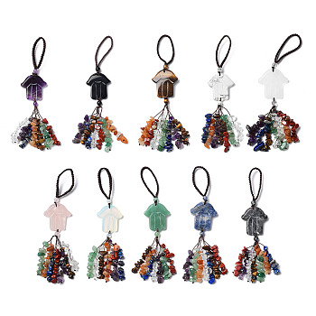 Hamsa Hand/Hand of Miriam Gemstone Pendant Decorations, Nylon Cord and Gemstone Chip Tassel Hanging Ornaments, 155~160mm