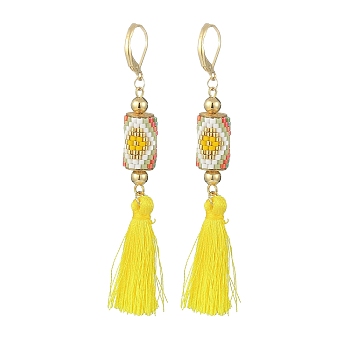 Glass Seed Braided Column with Tassel Dangle Leverback Earrings, 304 Stainless Steel Jewelry for Women, Yellow, 81.5mm, Pin: 0.8x0.6mm