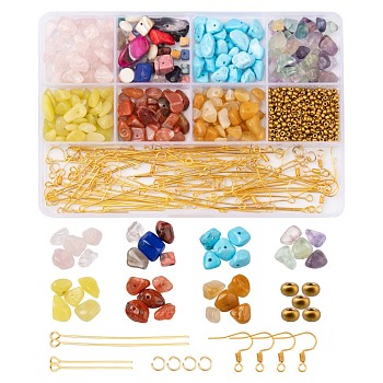 DIY Mixed Stone Chip Beads Earrings Making Kit, Including Natural & Synthetic Chip Beads, Glass Seed Beads, Iron Earring Hooks & Pin, 304 Stainless Steel Jump Rings, Chip Beads: 90.5g/box