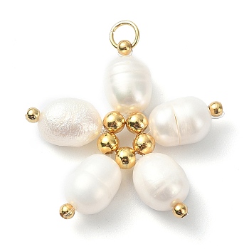 Natural Freshwater Pearl Pendants, Flower Charms with Golden Tone Brass Beads and 304 Stainless Steel Jump Rings, Seashell Color, 22x24.5x6mm, Hole: 2.8mm