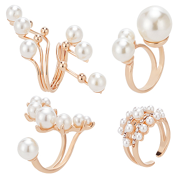 4Pcs 4 Styles Plastic Imitation Pearl Beaded Open Cuff Ring, Alloy Rings for Women, Light Gold, Inner Diameter: 17.4~20mm, 1Pc/style