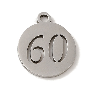 201 Stainless Steel Charms, Laser Cut, Flat Round with Number 60, Stainless Steel Color, 14x12x1mm, Hole: 1.6mm