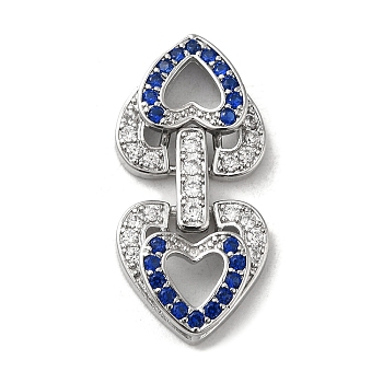 Brass Micro Pave Cubic Zirconia Fold Over Clasps, Heart, Real Platinum Plated, Medium Blue, 29x14x4.5mm