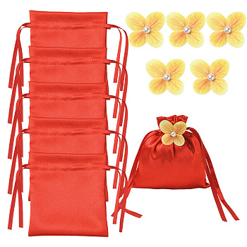 Satin Cloth Drawstring Pouches with Flower, Rectangle, Red, 15x15cm