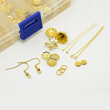Pandahall DIY Jewelry Making Finding Kit, Including Iron Earring Hooks & Jump Rings, Brass Ball Head Pin & Eye Pin, Alloy Spacer Beads & Bead Caps, Golden, 65Pcs/box