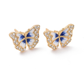 Clear Cubic Zirconia Butterfly Stud Earrings with Enamel, Rack Plating Brass Jewelry for Women, Cadmium Free & Lead Free, Real 18K Gold Plated, 11x15.5mm, Pin: 0.7mm