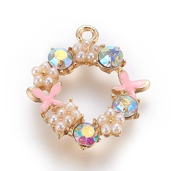 Zinc Alloy Pendants, with Enamel, Pearl and Glass Beads, Wreath, Light Gold, Pink, 20x17.5x4.5mm, Hole: 1mm