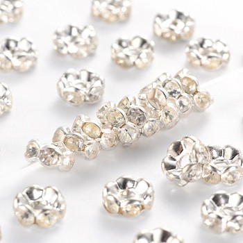 Brass Rhinestone Spacer Beads, Grade B, Clear, Silver Color Plated, Size: about 8mm in diameter, 3.8mm thick, hole: 1.5mm