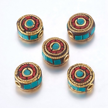 Handmade Indonesia Beads, with Brass Findings, Nickel Free, Flat Round, Raw(Unplated), Red, 12x6~7.5mm, Hole: 2mm