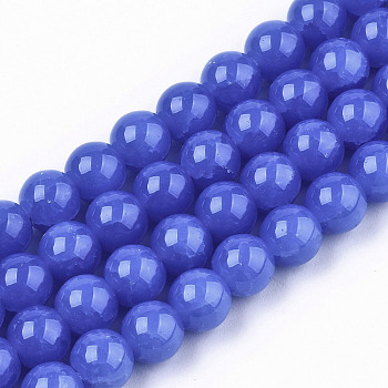 Imitation Jade Glass Beads, Crackle, Dyed & Heated, Round, Royal Blue, 8x7.5mm, Hole: 1.5mm, about 51~52pcs/strand, 15.35~15.55 inch(39~39.5cm)