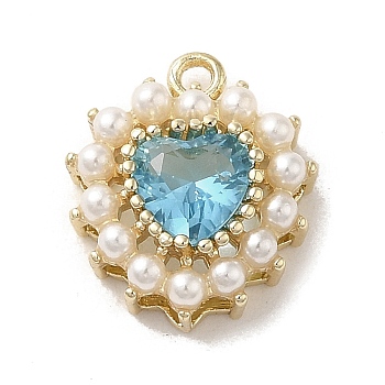 Brass Pendants, with ABS Plastic Imitation Pearl Beads and Glass, Long-Lasting Plated, Heart Charm, Golden, Light Sky Blue, 15x13x5mm, Hole: 1.5mm