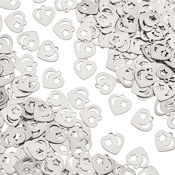 200Pcs 304 Stainless Steel Charms, Cut-Out, Heart with Moon & Star, Stainless Steel Color, 12x11x0.8mm, Hole: 1.4mm