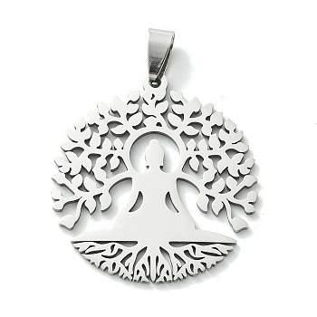 201 Stainless Steel Pendants, Tree of Life with Yoga Charm, Stainless Steel Color, 37.5x34.5x1.5mm, Hole: 8x4mm