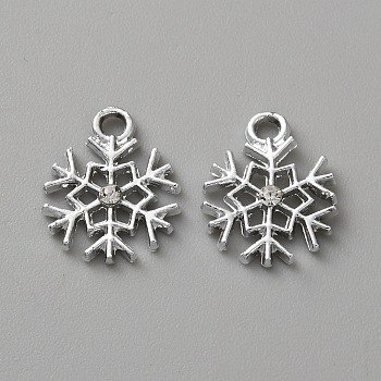 Alloy Rhinestone Pendants, Snowflake, Silver, 15x12x2.5mm, Hole: 1.9mm