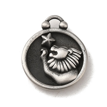 304 Stainless Steel Pendants, Flat Round with Constellations Charm, Antique Silver, Leo, 20.5x17x3mm, Hole: 2.5x2mm