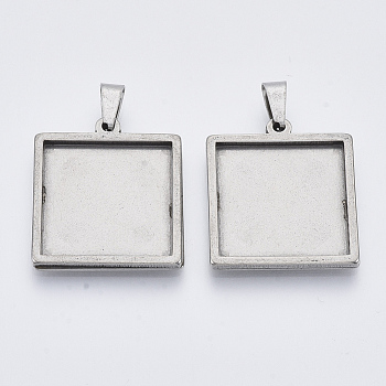 304 Stainless Steel Cabochon Connector Settings, Plain Edge Bezel Cups, Square, Stainless Steel Color, Tray: 20x20mm, 26x23x2.2mm, Hole: 3x6mm