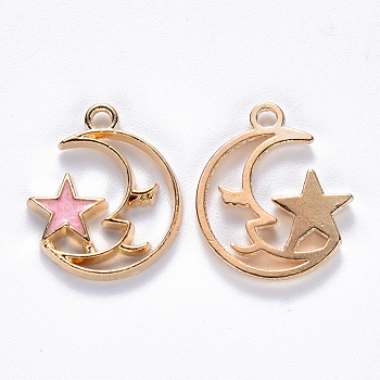Alloy Enamel Pendants, Moon with Star, Light Gold, Pink, 19x17x2mm, Hole: 1.6mm