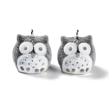 Animal Shape Flocky Resin Pendants, Cute Animal Charms with Platinum Plated Iron Loops, Owl, 21.5x20.5x20.5mm, Hole: 2mm