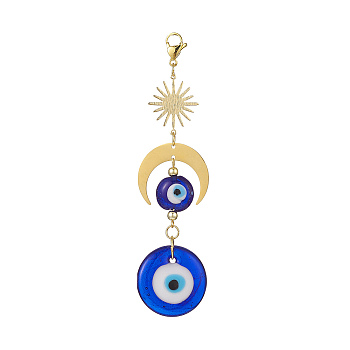 Handmade Evil Eye Lampwork Pendant Decorations, Sun and Moon Charm Decoration, Round Pattern, 120mm, Pendant: 102x29.5x6mm