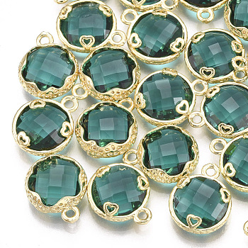 Glass Charms, with Brass Findings, Faceted, Flat Round with Heart, Golden, Teal, 14x11.5x4.5mm, Hole: 1.5mm