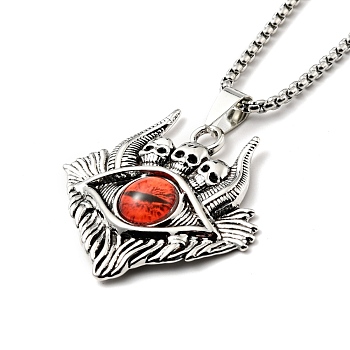 Alloy Skull with Plastic Dragon Eye Pendant Necklace, Gothic Jewelry for Men Women, Red, 23.23 inch(59cm)