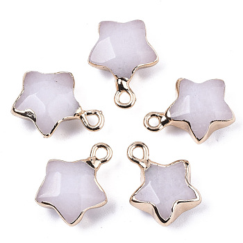 Natural White Jade Pendants, with Light Gold Plated Edge and Brass Loop, Star, Faceted, 16~17x13x6.5mm, Hole: 1.6mm