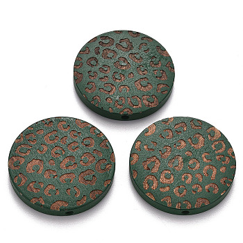 Painted Natural Wood Beads, Laser Engraved Pattern, Flat Round with Leopard Print, Sea Green, 30x5mm, Hole: 1.6mm