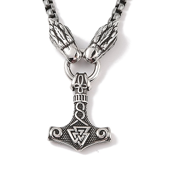 304 Stainless Steel Dragon Head King Box Chain Viking Mjolnir Thor Hammer Pendant Necklaces for Men, Antique Silver, 23.62 inch(60cm)