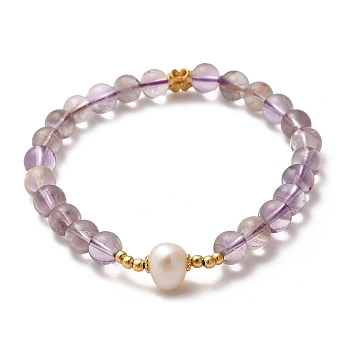Natural Purple Lodolite Quartz Bead Bracelets, with Sterling Silver Beads and Pearl Beads, Real 18K Gold Plated, Inner Diameter: 5.5cm