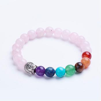 Chakra Jewelry, Natural Rose Quartz Beaded Stretch Bracelets, with Alloy Spacer Beads, Antique Silver, 1-3/4 inch(45mm)