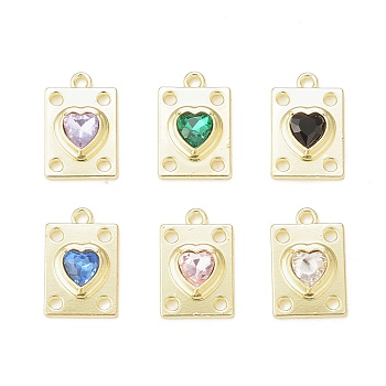 Rack Plating Alloy Glass Pendants, Golden, Rectangle with Heart Charms, Mixed Color, 19.5x12.5x5mm, Hole: 1.8mm