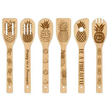 6Pcs Bamboo Spoons & Knifes & Forks, Flatware for Dessert, Pineapple Pattern, 60x300mm, 6 style, 1pc/style, 6pcs/set