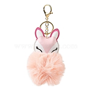 Imitation Rex Rabbit Fur Ball & PU Leather Fox Pendant Keychain, with Alloy Clasp, for Bag Car Pendant Decoration, Pink, 17cm(KEYC-K018-04KCG-01)